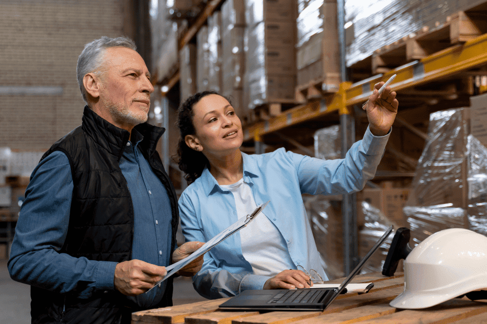 Workers reviewing inventory data on a laptop