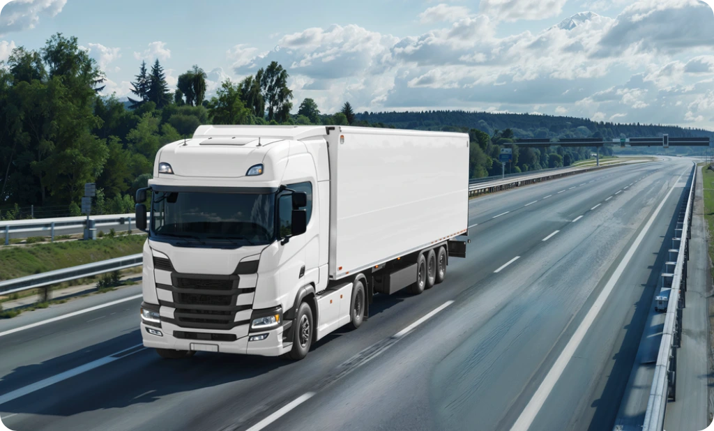 Driverless articulated lorry on highway with sensor array