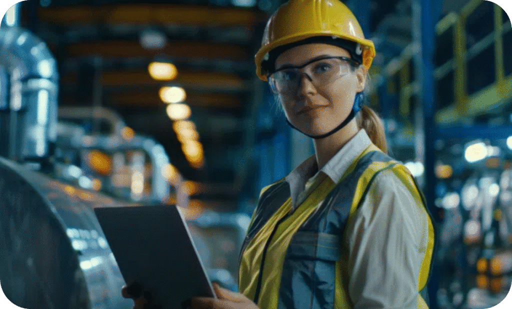 Worker in safety gear with tablet, highlighting the role of documentation in workplace safety.