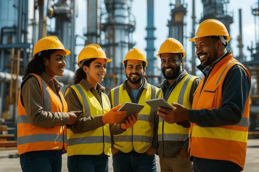 a group of construction worker discussing something - AI Generated
