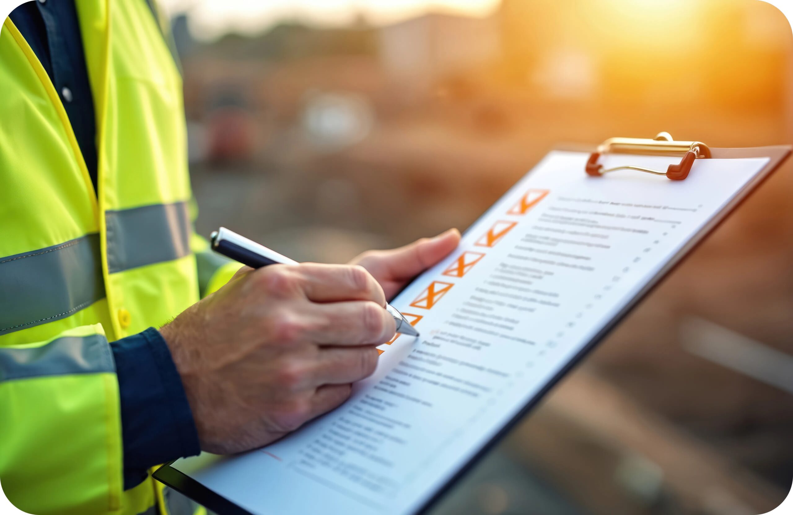 Safety professional completing an EHS checklist at an outdoor worksite.