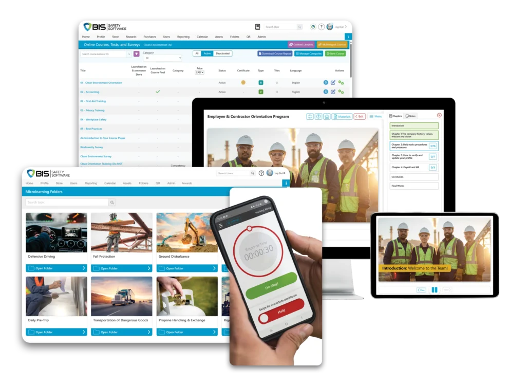 Factory team in hi‑vis vests complete digital checklists on tablets at workstations.
