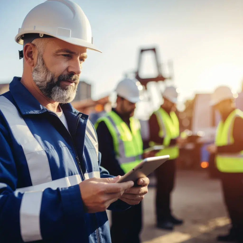 Engineer in hi‑vis with tablet performs plant safety checks inside an industrial hall.