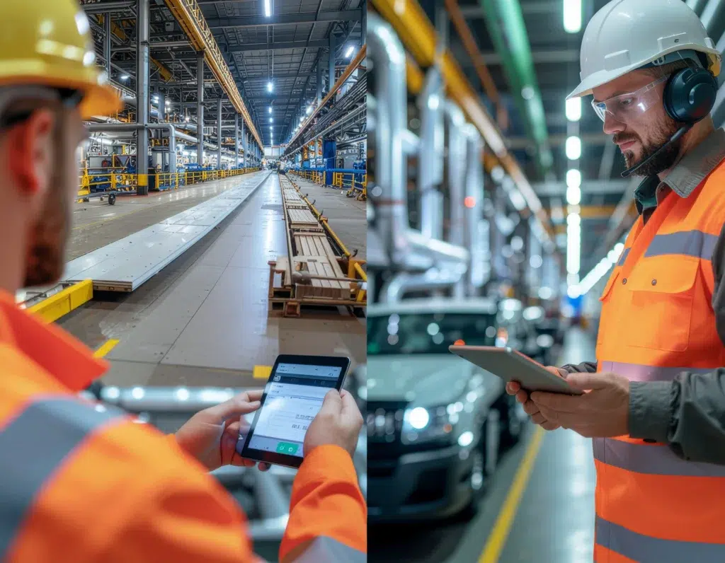 Highway worker in hi‑vis checks a smartphone to access training and permits on site.