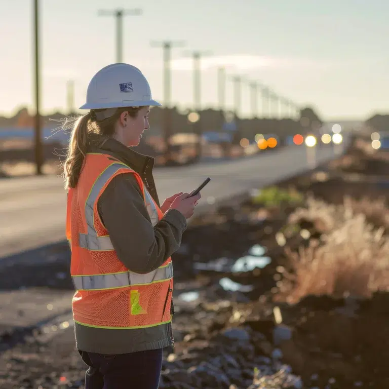 The site supervisor in hard hat uses a tablet while crew access mobile safety tools.