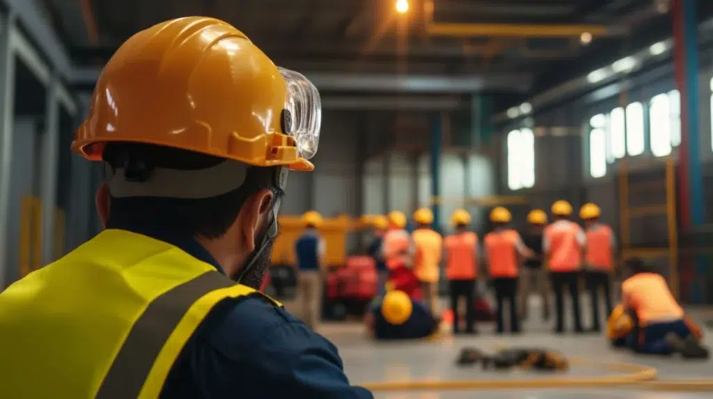 Worker observing team safety training session in an industrial facility, highlighting education