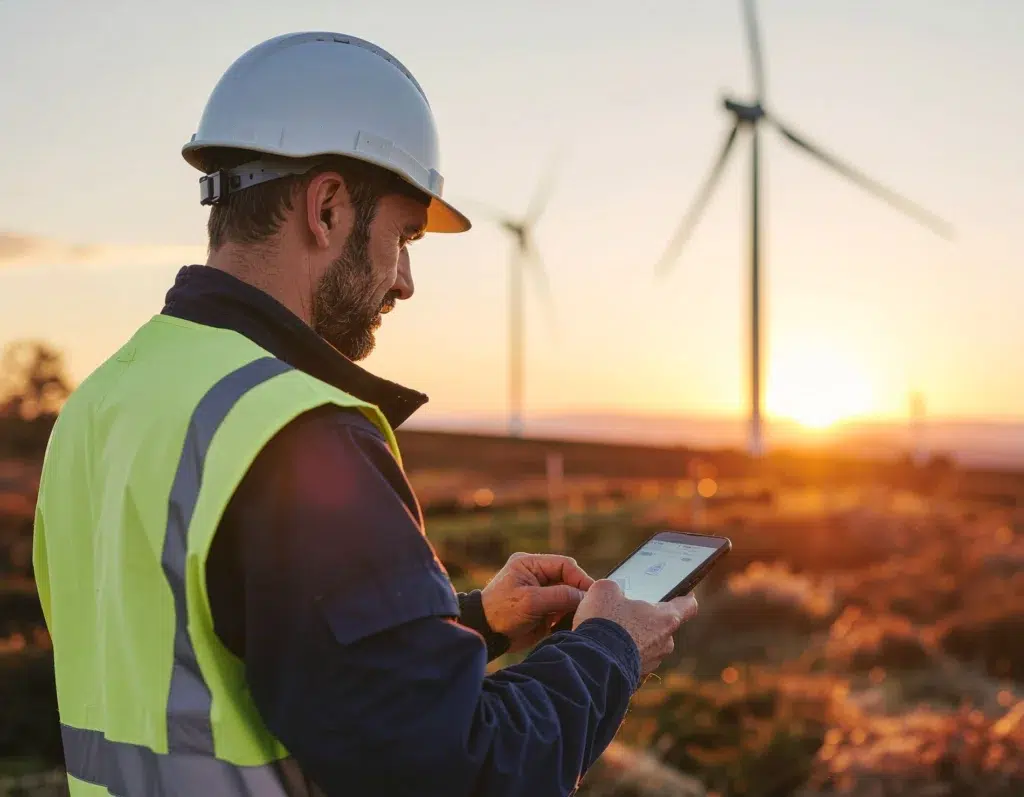 Wind energy worker using tablet for BIS Safety Software training at sunset near turbines