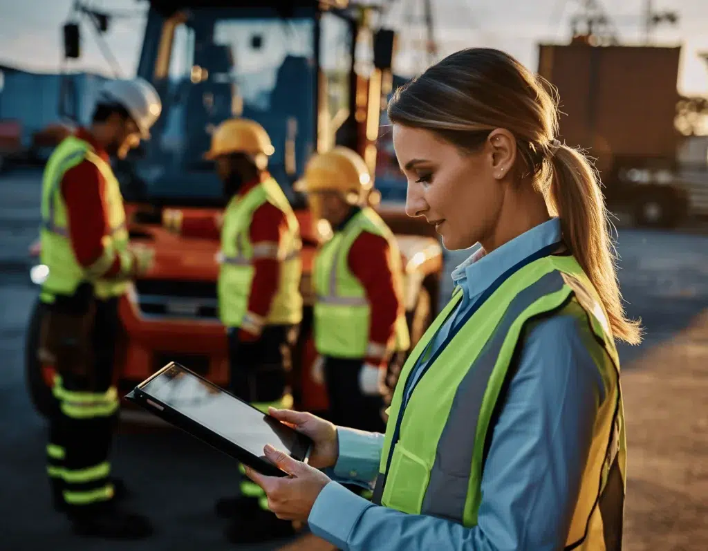 Female safety manager using BIS Software on tablet for workforce training at job site