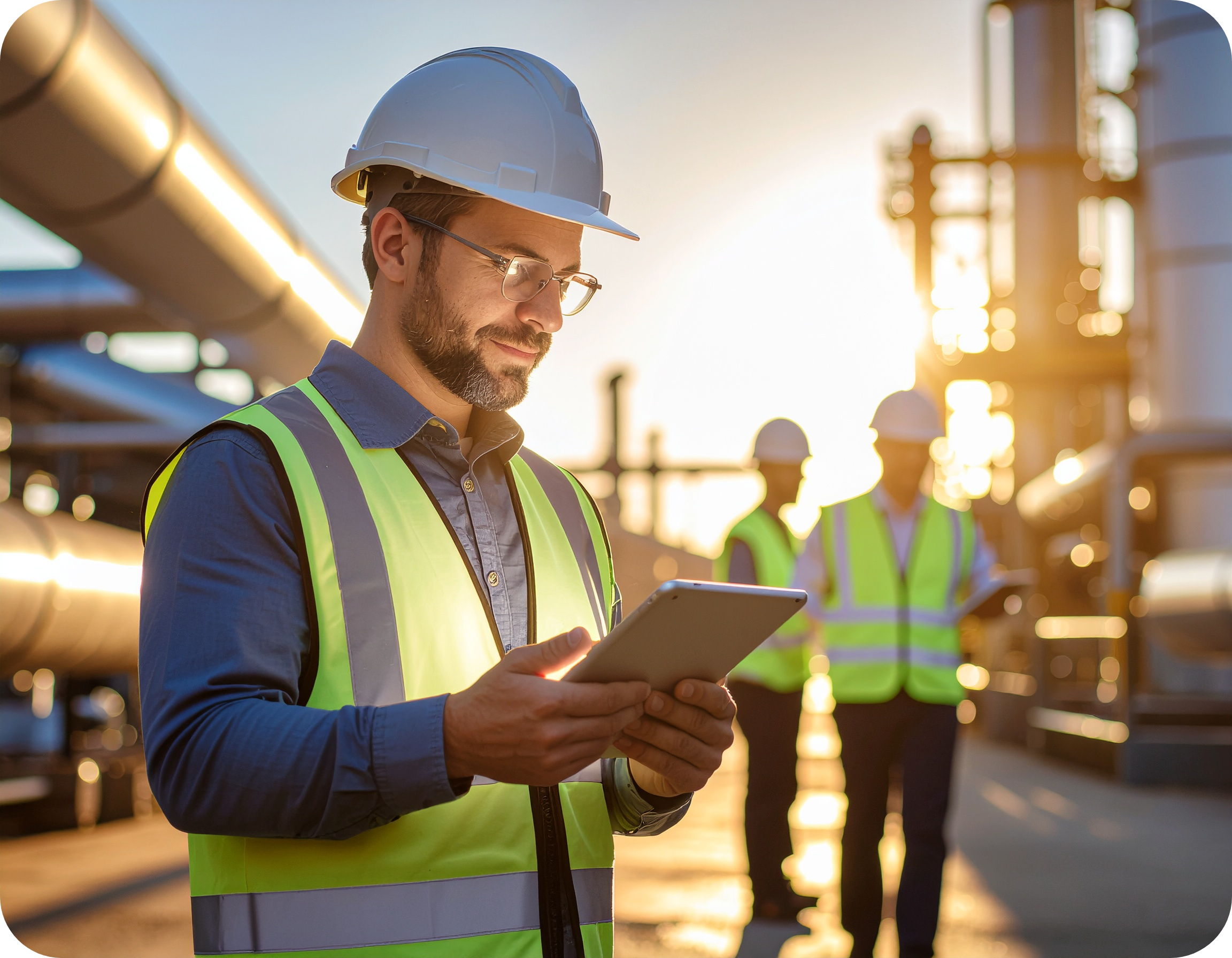 ndustrial worker in a hard hat using a tablet for mobile EHS checks while colleagues discuss safety in the background.